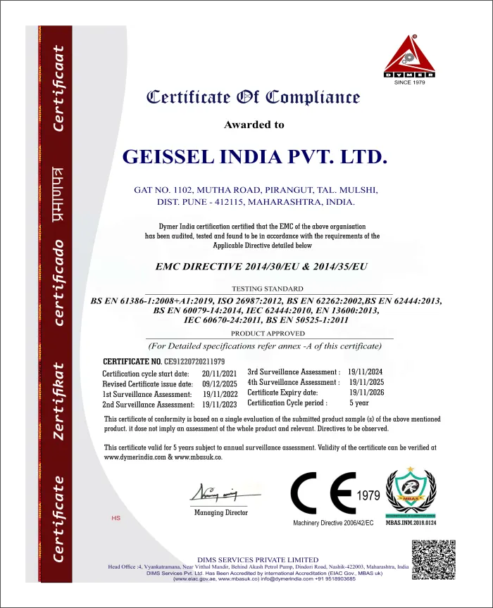Geissel India EMC Directive Certificate of Compliance